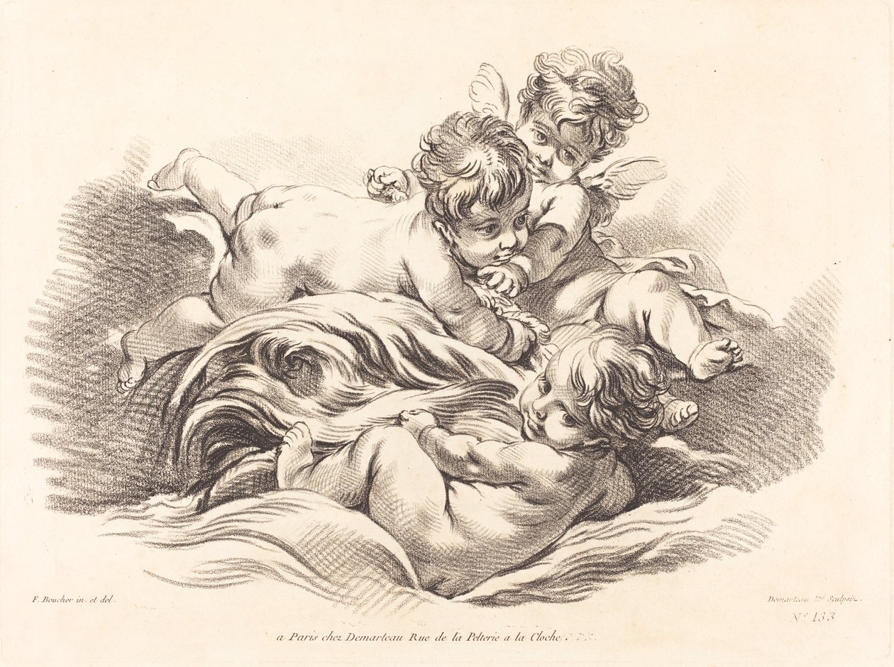 Três querubins brincando no golfinho como onda de Gilles Demarteau, the Elder after François Boucher