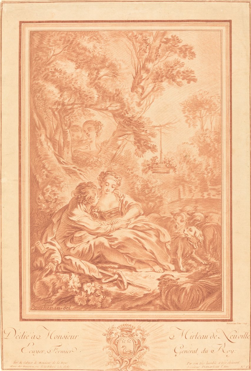 Dois amantes sentados ao pé de uma grande árvore, surpreendidos por duas garotas de Gilles Demarteau, the Elder after François Boucher