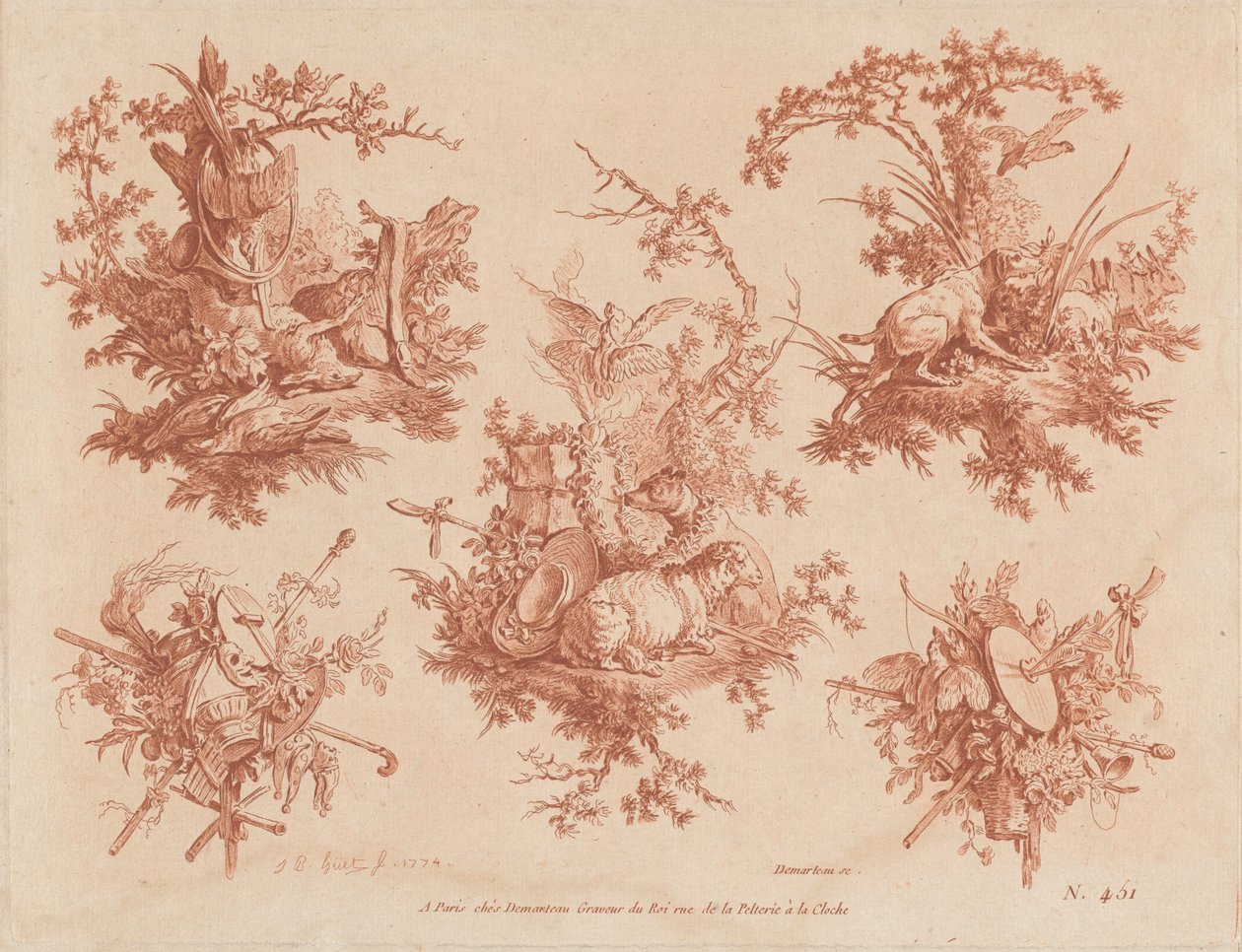 Cinco troféus com temas de caça, amor e loucura de Gilles Demarteau, the Elder, and Jean Baptiste Hüet