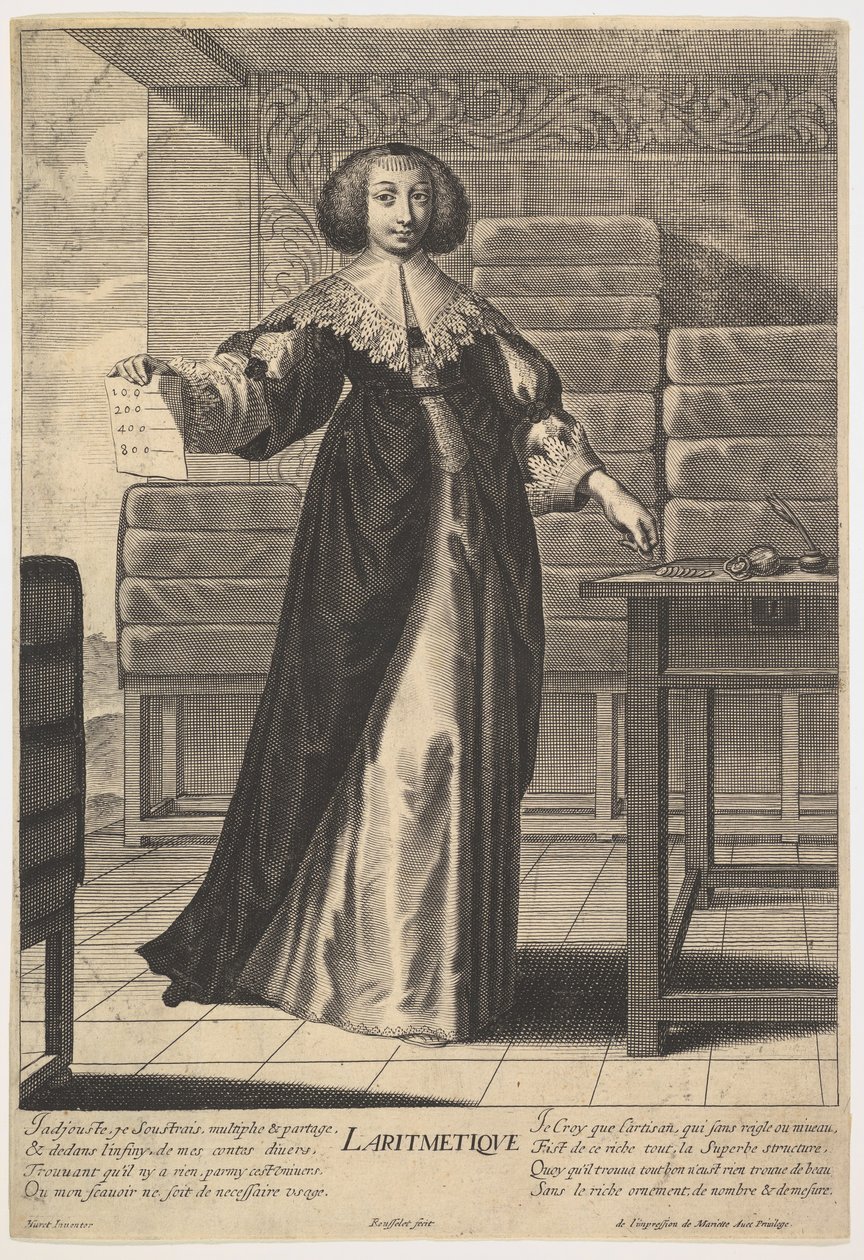 Aritmética: uma jovem de pé em uma mesa, segurando uma folha com números inscritos i ..., 1633-35. de Gilles Rousselet