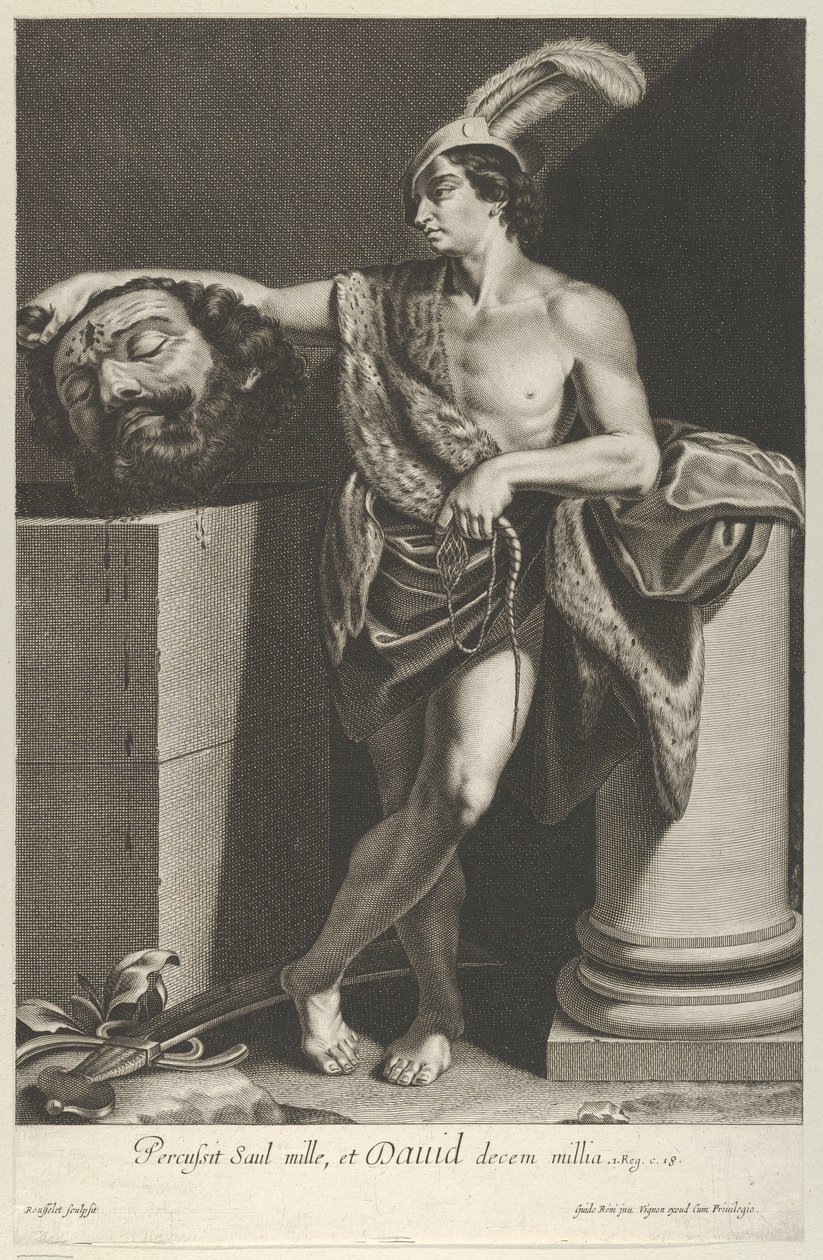 Davi de pé com as pernas cruzadas e segurando a cabeça de Golias em um pedestal a l..., ca. 1635-45. de Gilles Rousselet
