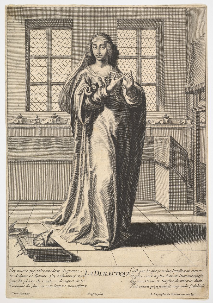 Dialética: uma jovem de pé em um interior decorado e tocando seu índice direito ..., 1633-35. de Gilles Rousselet