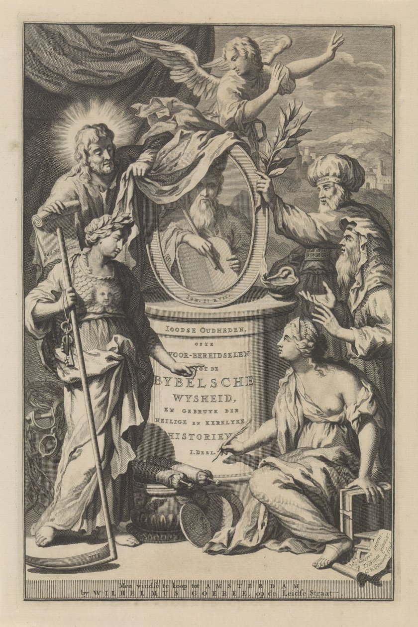Figuras bíblicas revelam o retrato de Moisés
Página de título de Wilhelmus Goeree, Voor-bereidselen tot de bybelsche wysheid, en gebruik der heilige en kerklijke historien, 1690 de Gilliam van der Gouwen