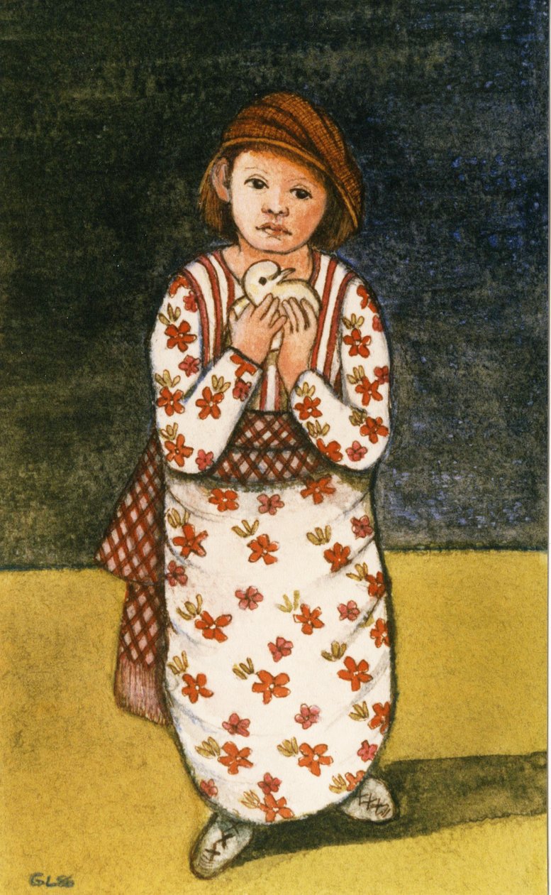 Menina com pomba, 1986 (aguarela sobre papel) de Gillian Lawson