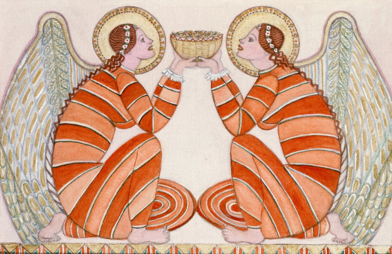 Dois anjos segurando uma tigela, 1995 (wc) de Gillian Lawson