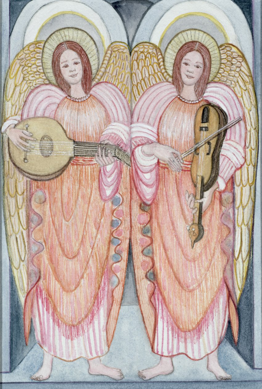 Dois anjos tocando instrumentos, 1995 (wc) de Gillian Lawson