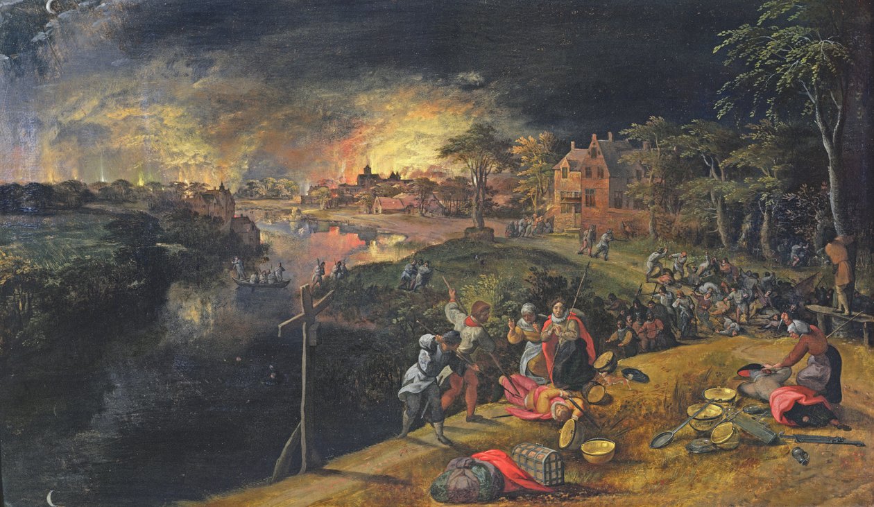 Cena de uma guerra com um incêndio, 1569 de Gillis Mostaert