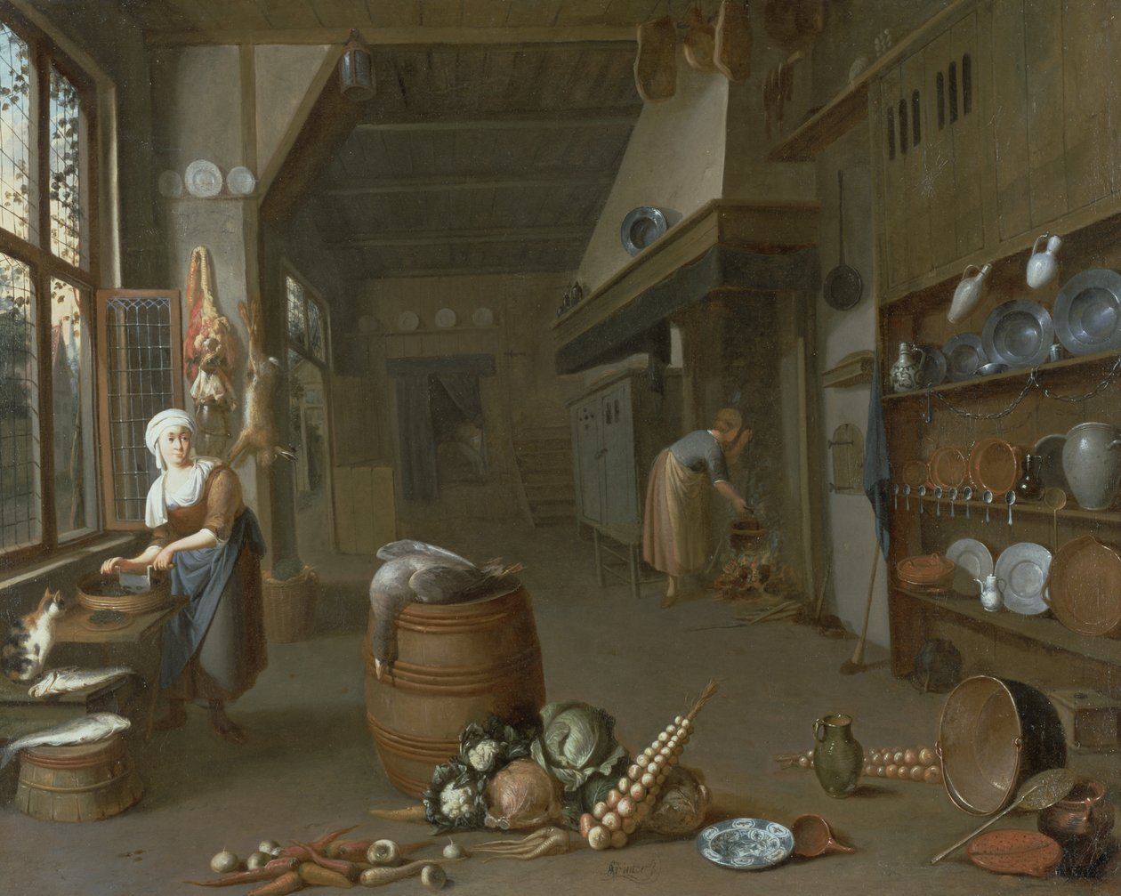 Interior da cozinha com duas empregadas domésticas preparando comida de Gillis de Winter