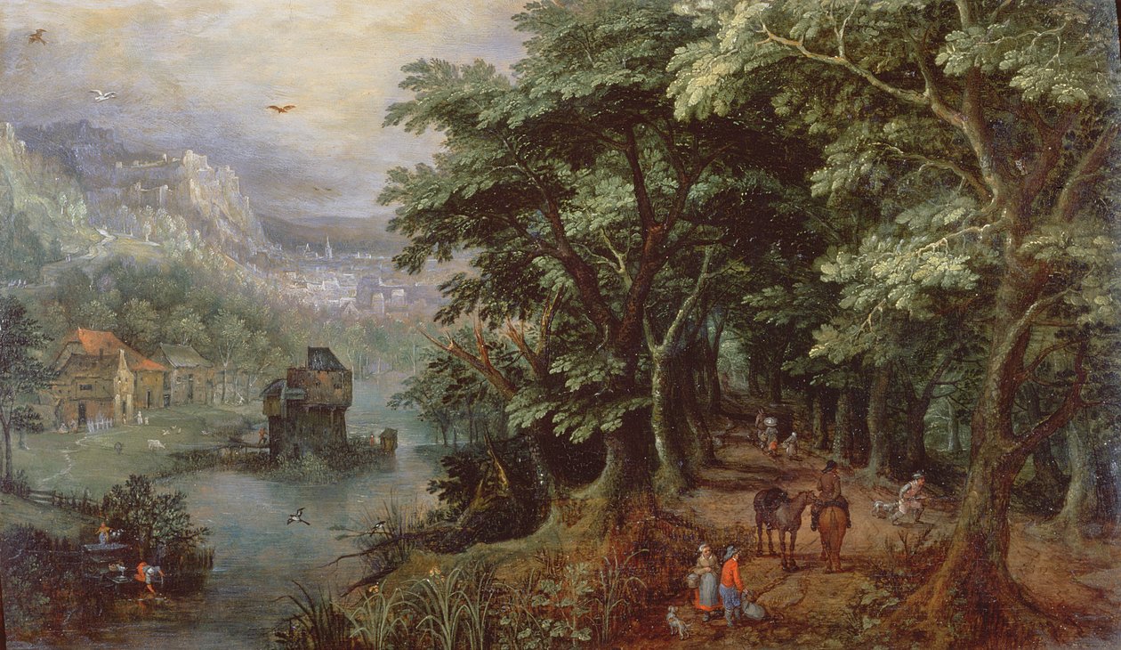 Paisagem com figuras em uma avenida, c.1595 (painel) de Gillis van III Coninxloo