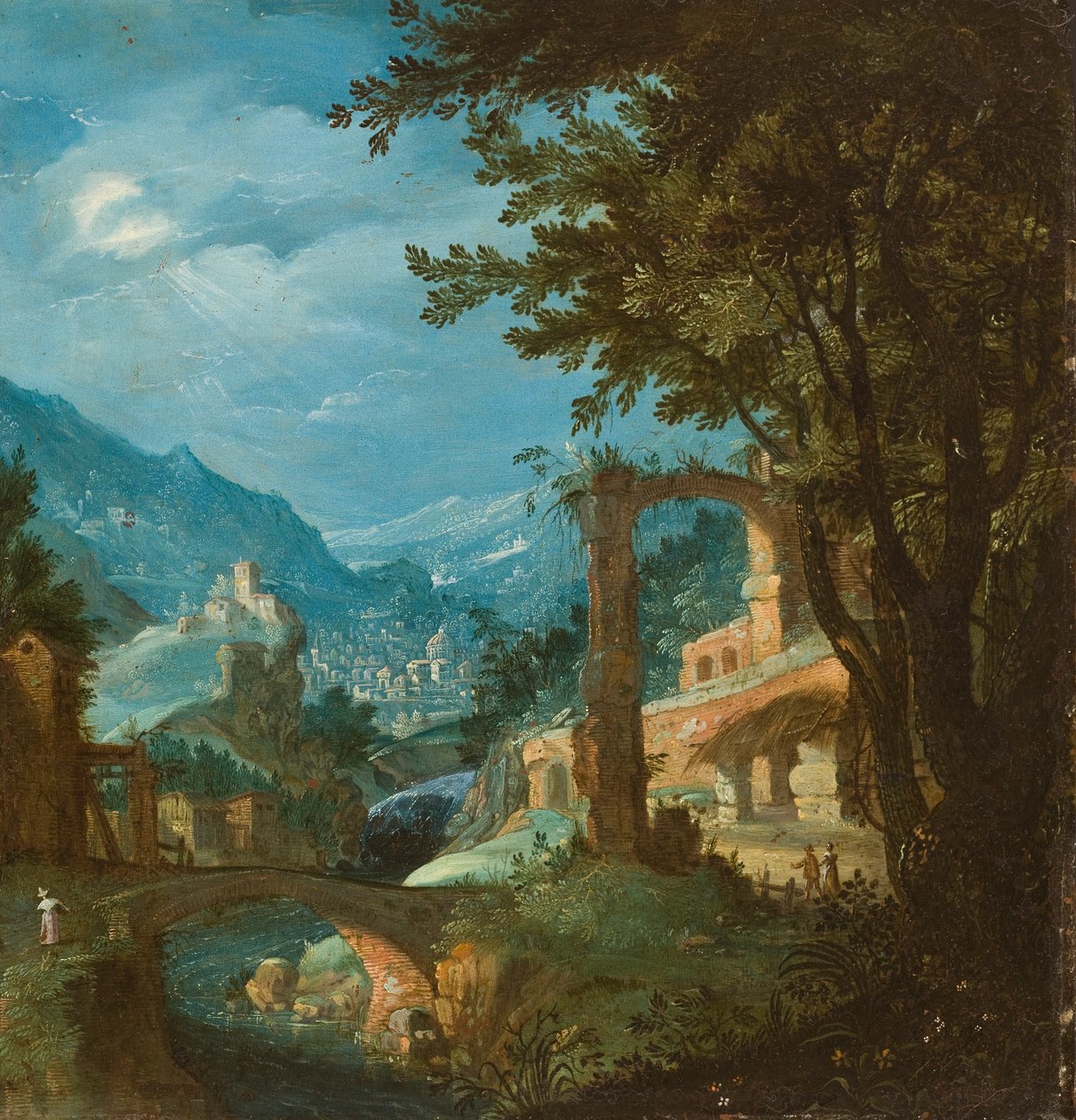 Paisagem com ponte (óleo em cobre) de Gillis van Valckenborch