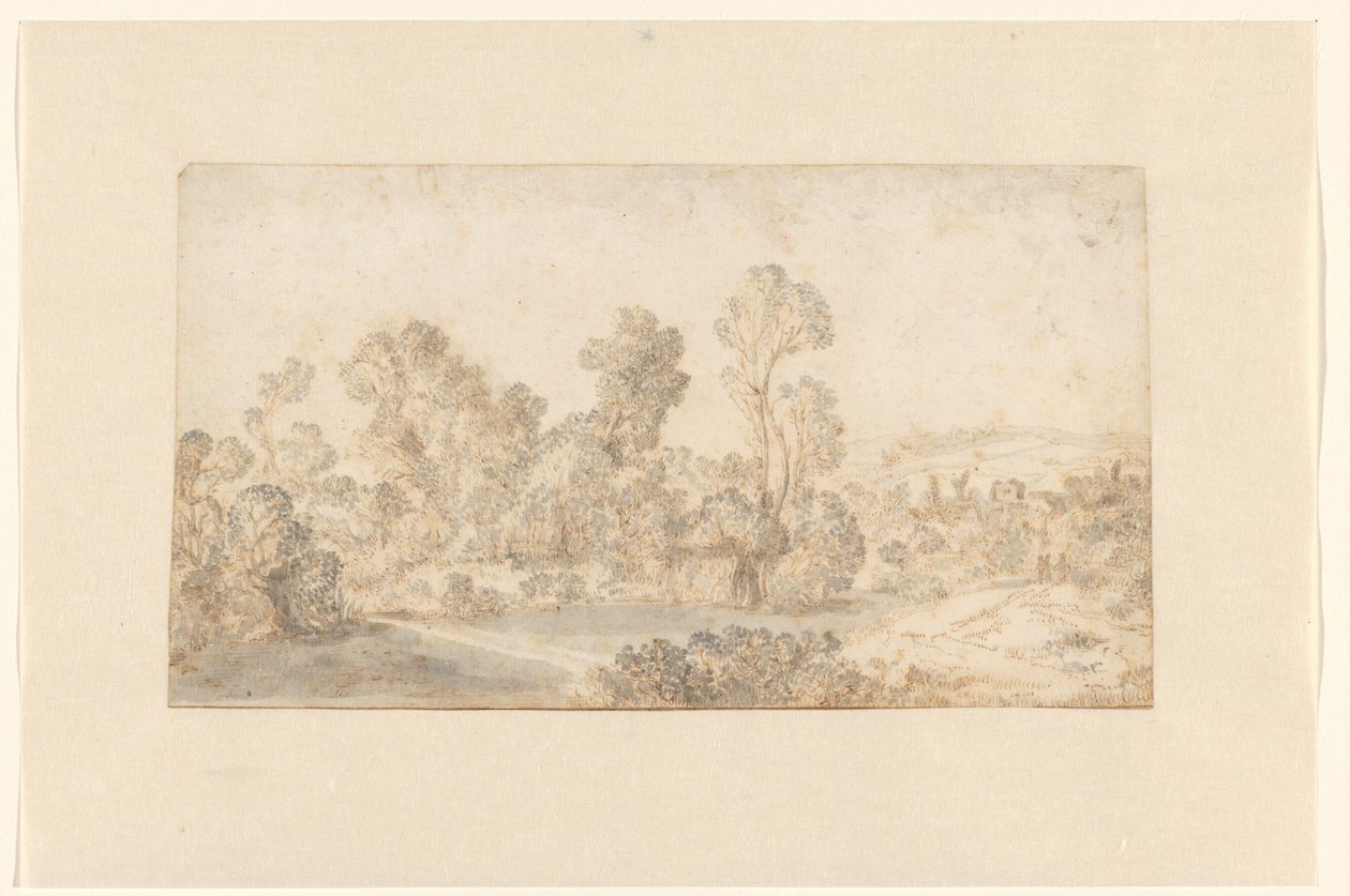 Paisagem montanhosa com árvores altas ao longo de um rio de Gillis Claesz de Hondecoeter