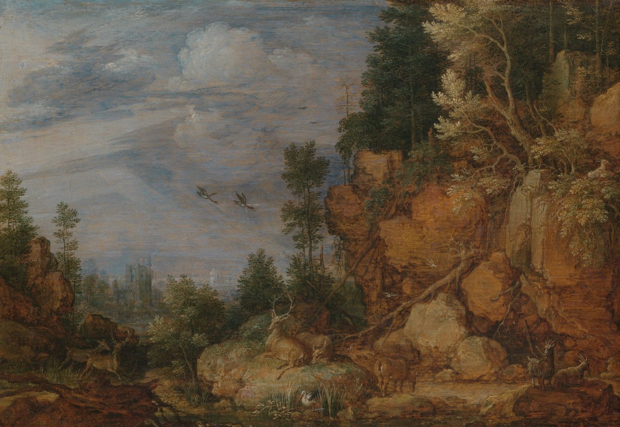 Paisagem rochosa com veados e cabras de Gillis Claesz de Hondecoeter
