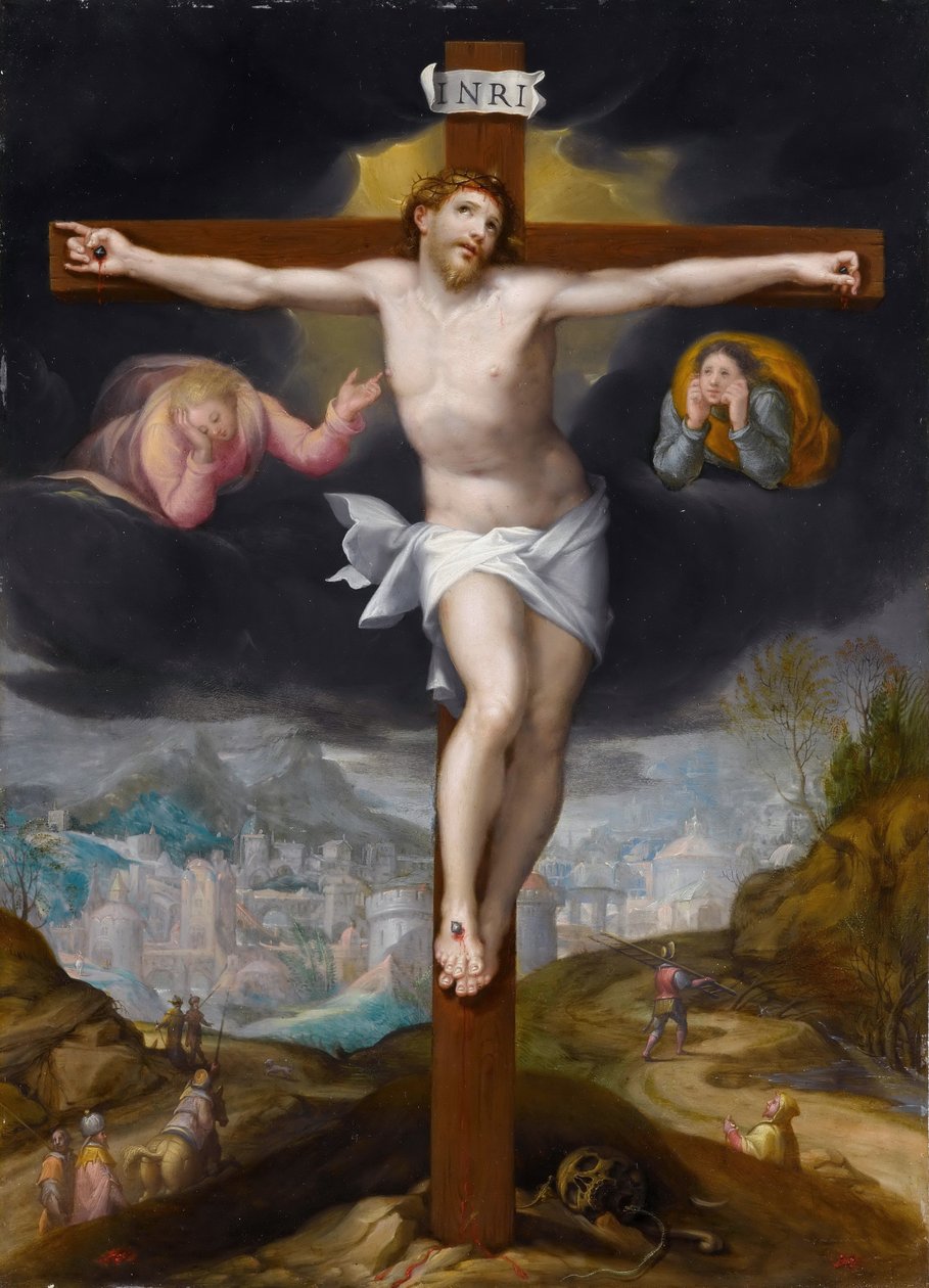 Cristo na cruz entre dois anjos de Gillis Mostaert