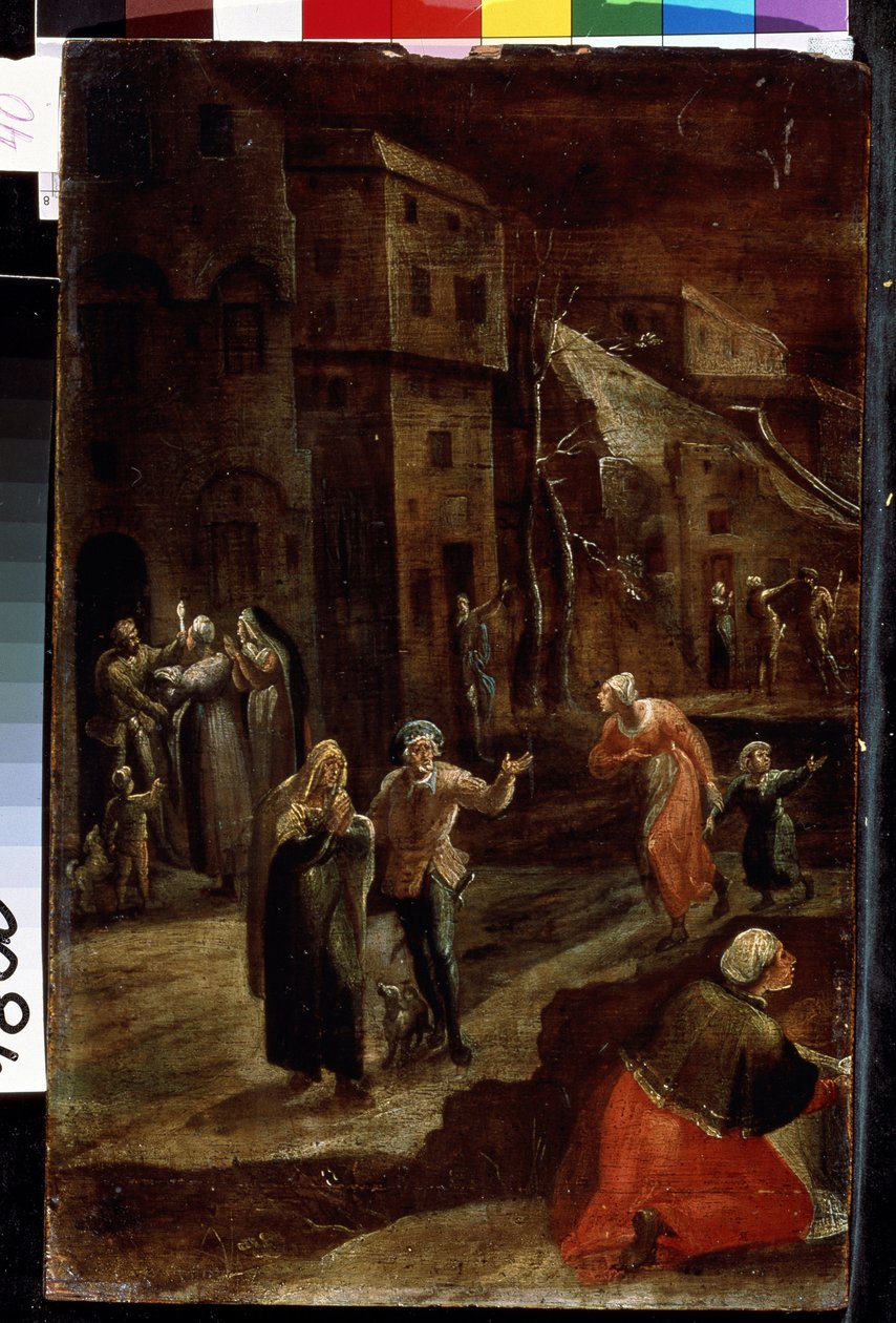""Cena de rua à noite"" (Cena noturna em uma cidade) Habitantes de uma cidade na Holanda parecem fugir de uma ameaça, correndo e buscando refúgio nas casas, impressão de medo e angústia. Pintura de Gillis Mostaert (1534-1598) Lviv, Museu de B de Gillis Mostaert
