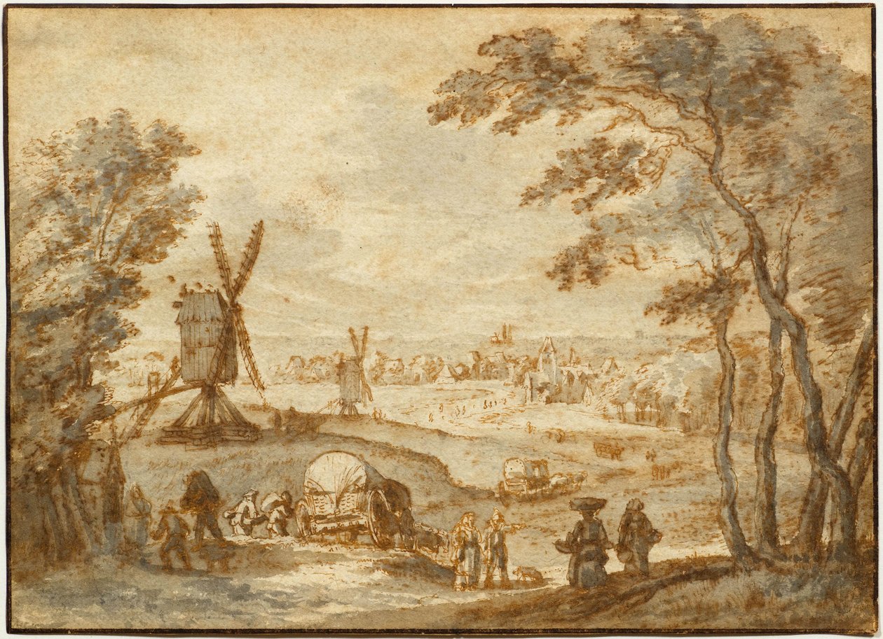 Paisagem com moinhos de vento antes de uma cidade, com caminhantes e carroças cobertas em primeiro plano de Gillis Neyts