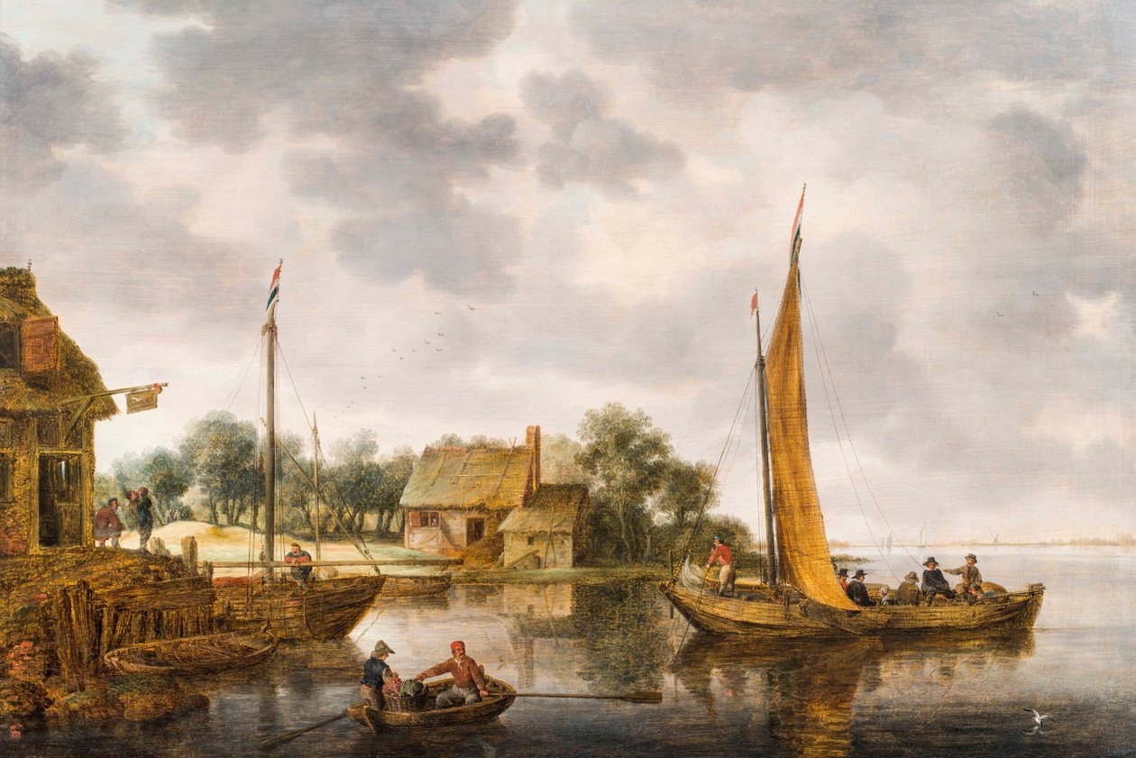 Uma paisagem de rio com uma balsa, c.1640s (óleo no painel) de Gillis Peeters