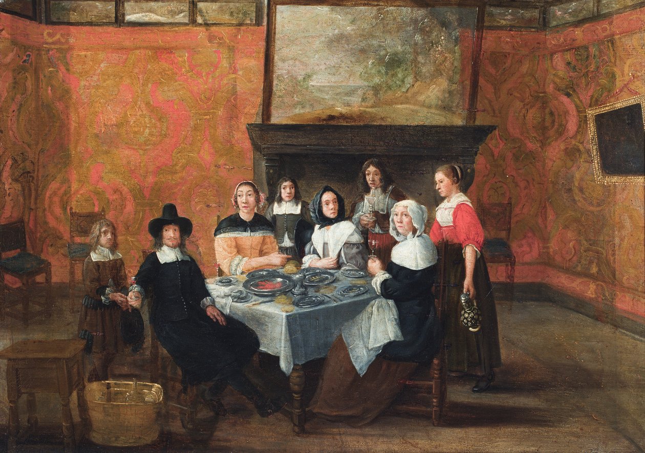 Um interior com uma família a tomar uma refeição (óleo sobre tela) de Gillis van (circle of) Tilborgh
