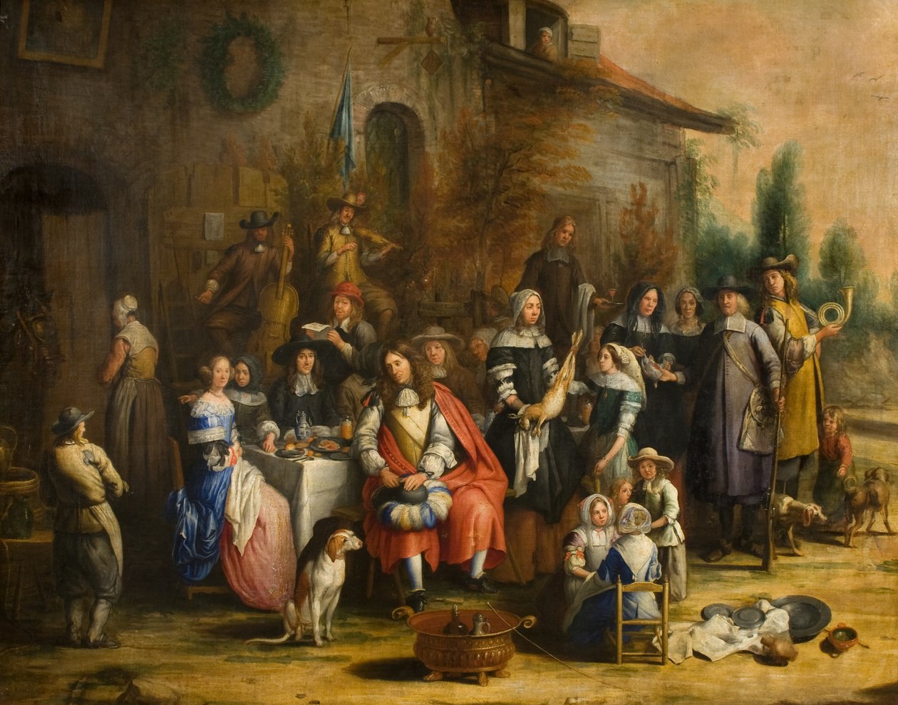 Grupo de caça fora de uma pousada de Gillis van (follower of) Tilborgh