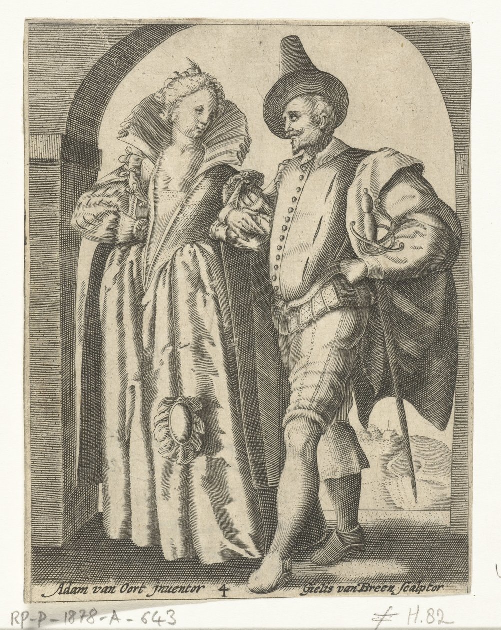 Homem e mulher vestidos de acordo com a moda de 1590-1600 de Gillis van Breen