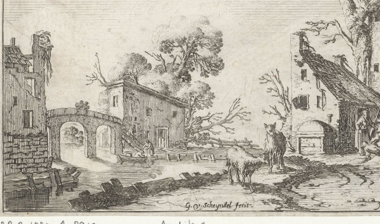Fazenda e torre em um rio (Het Heor) Paisagens com os cinco sentidos (título da série) de Gillis van Scheyndel (I)