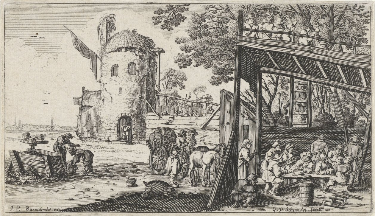Agricultores em redor de uma mesa num celeiro (o Gosto)
Paisagens com os cinco sentidos (título da série) de Gillis van Scheyndel (I)
