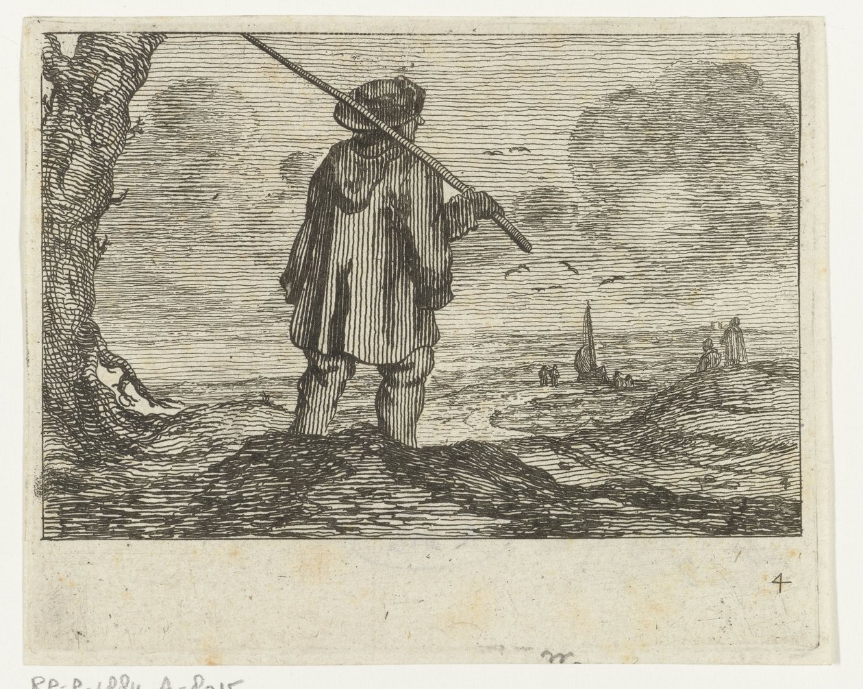 Paisagem dunar com um homem com um bastão no ombro
Verscheyden Beaches and water views by Jan Percelles (título da série) de Gillis van Scheyndel (I)