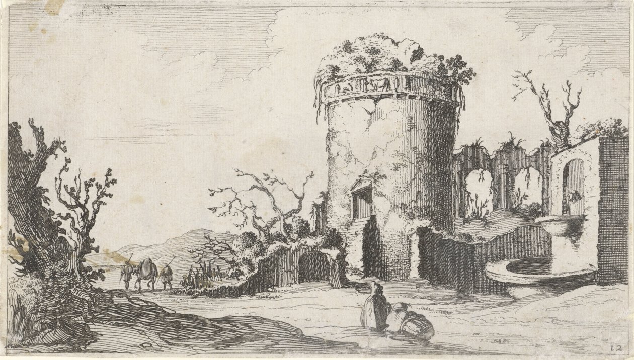 Fonte em ruínas com uma torre redonda Doze paisagens (título da série) de Gillis van Scheyndel (I)