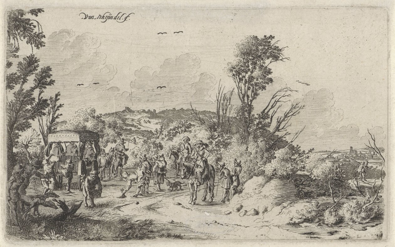 Transporte e pilotos em uma estrada rural Cheiro Paisagens com os cinco sentidos (título da série) de Gillis van Scheyndel (I)