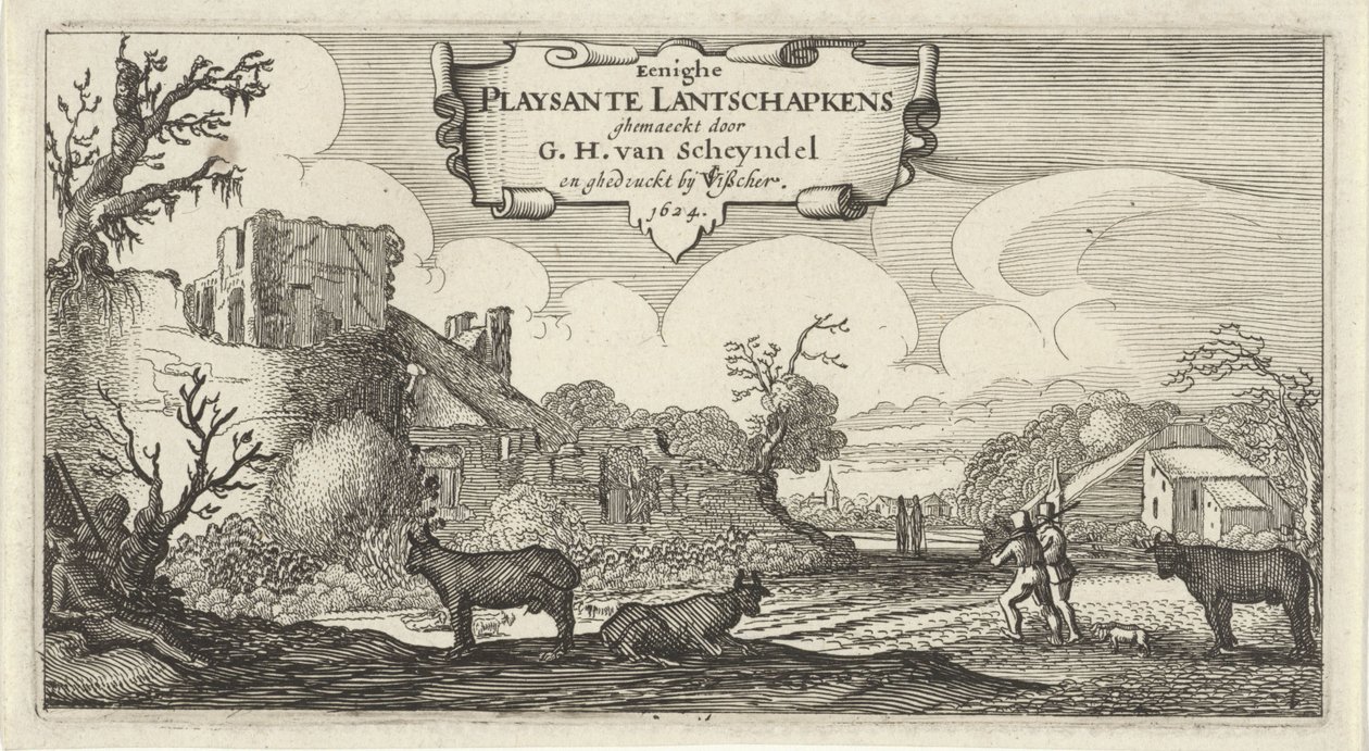 Impressão de título de doze paisagens com figuras
Eenighe Playsante Lantschapkens (título sobre o objecto)
Doze paisagens com figuras (título da série) de Gillis van Scheyndel (I)