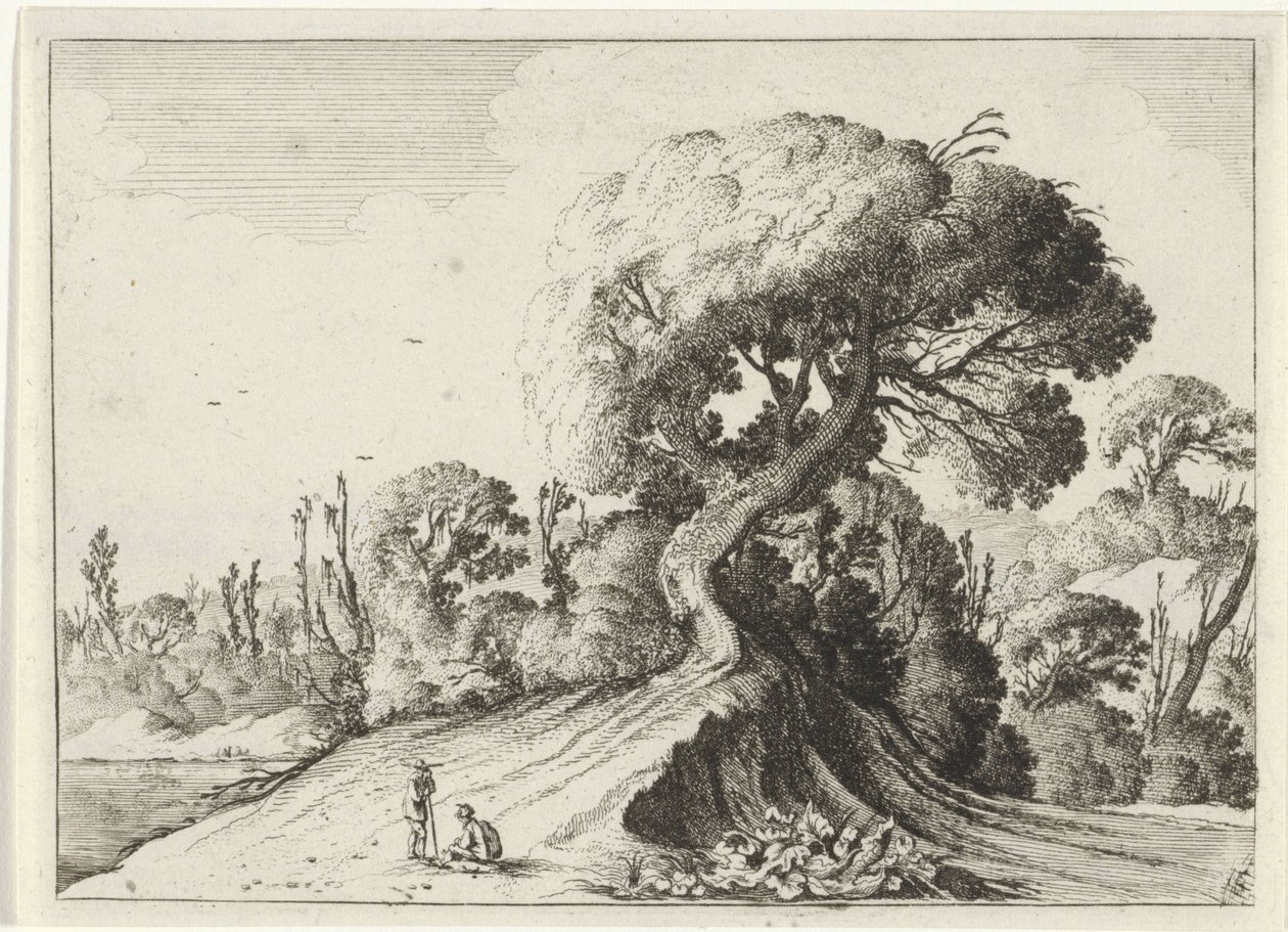 Dois homens na frente de uma grande árvore Sete paisagens (título da série) de Gillis van Scheyndel (I)