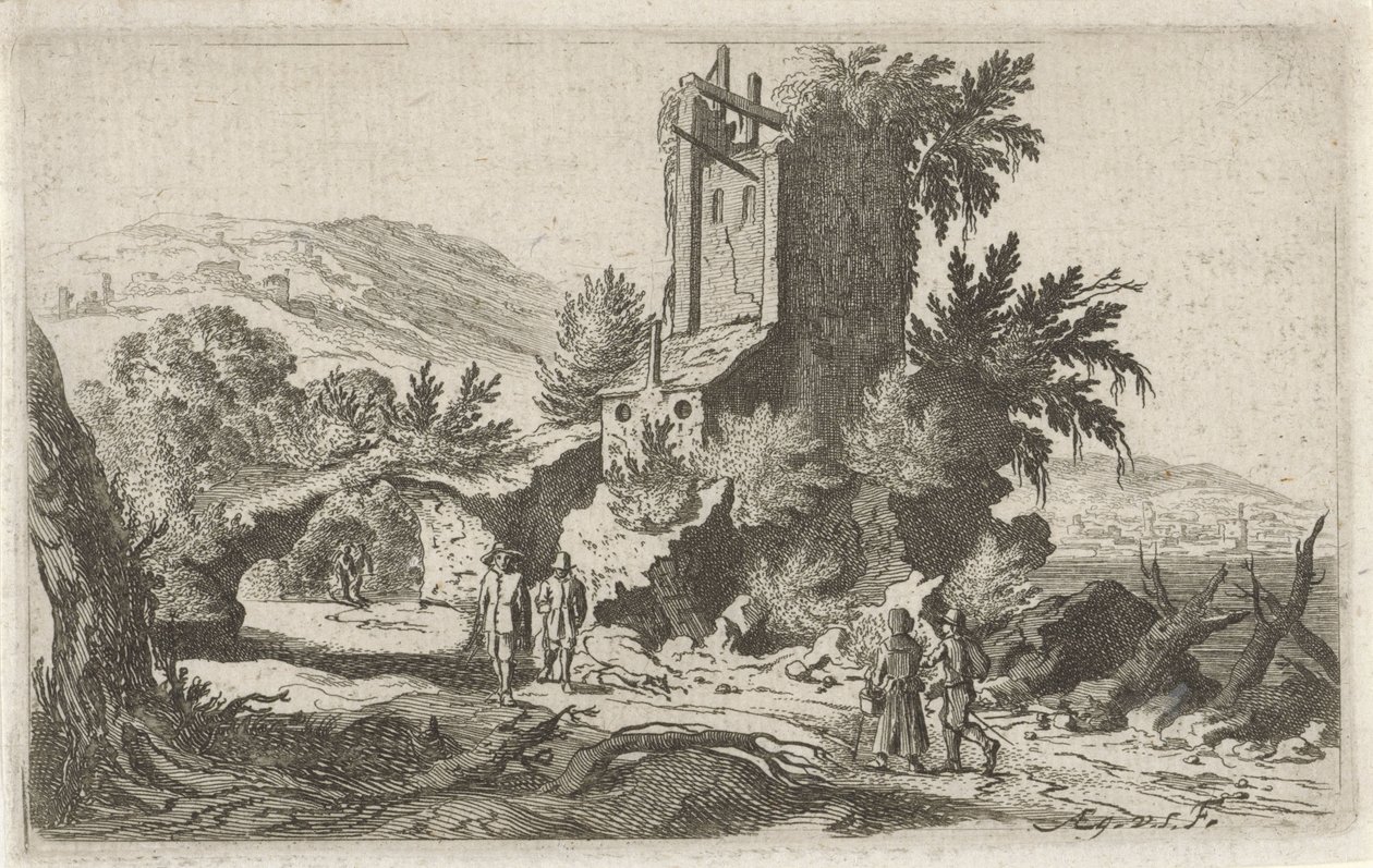 Caminhantes em uma ruína Seis paisagens (título da série) de Gillis van Scheyndel (I)