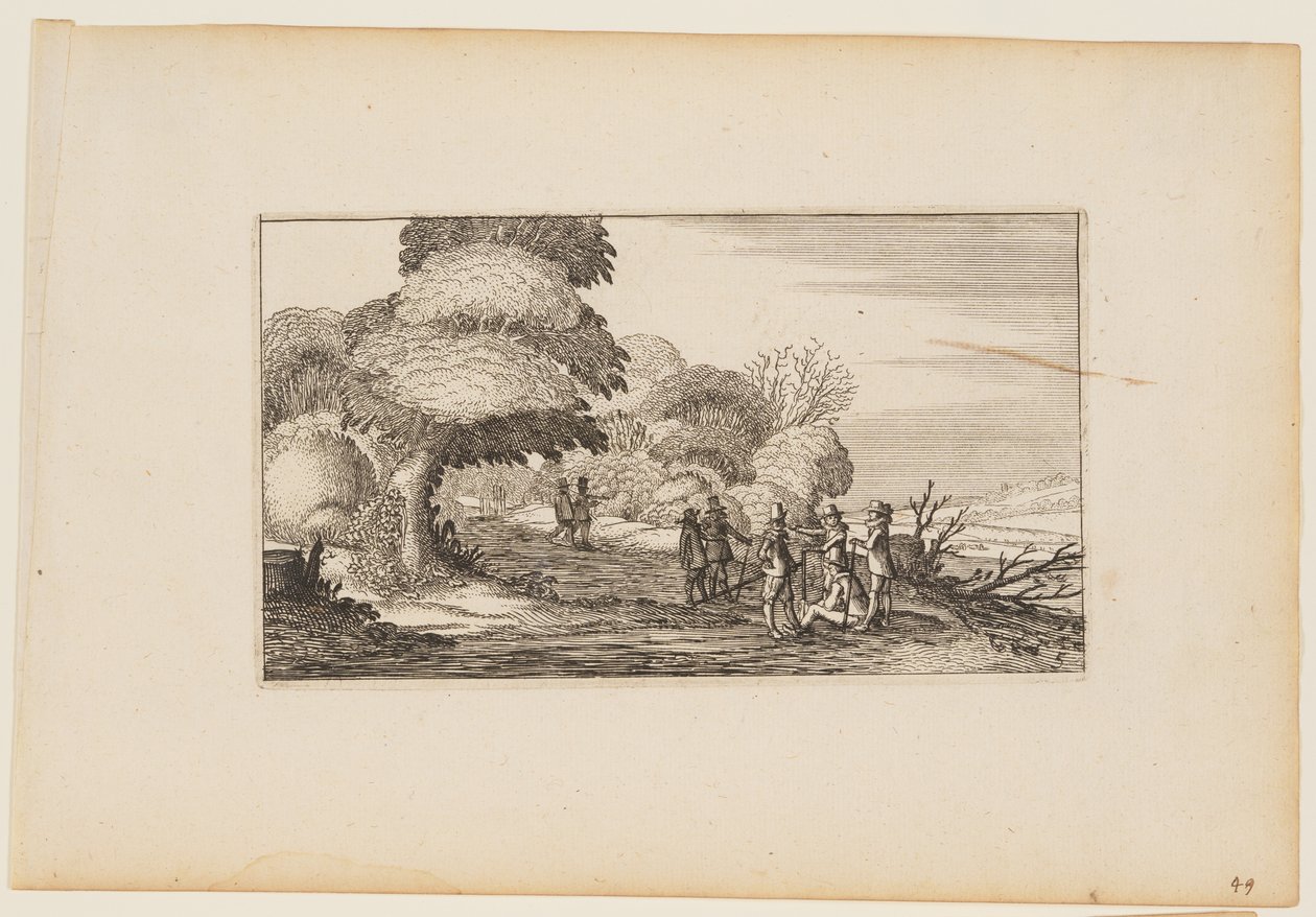 Homens com mosquetes num caminho que atravessa um bosque, de Doze paisagens com figuras de Gillis van Scheyndel