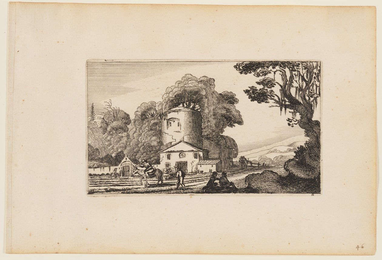 Caminho antes de uma quinta dominada por uma torre redonda, de Doze paisagens com figuras de Gillis van Scheyndel