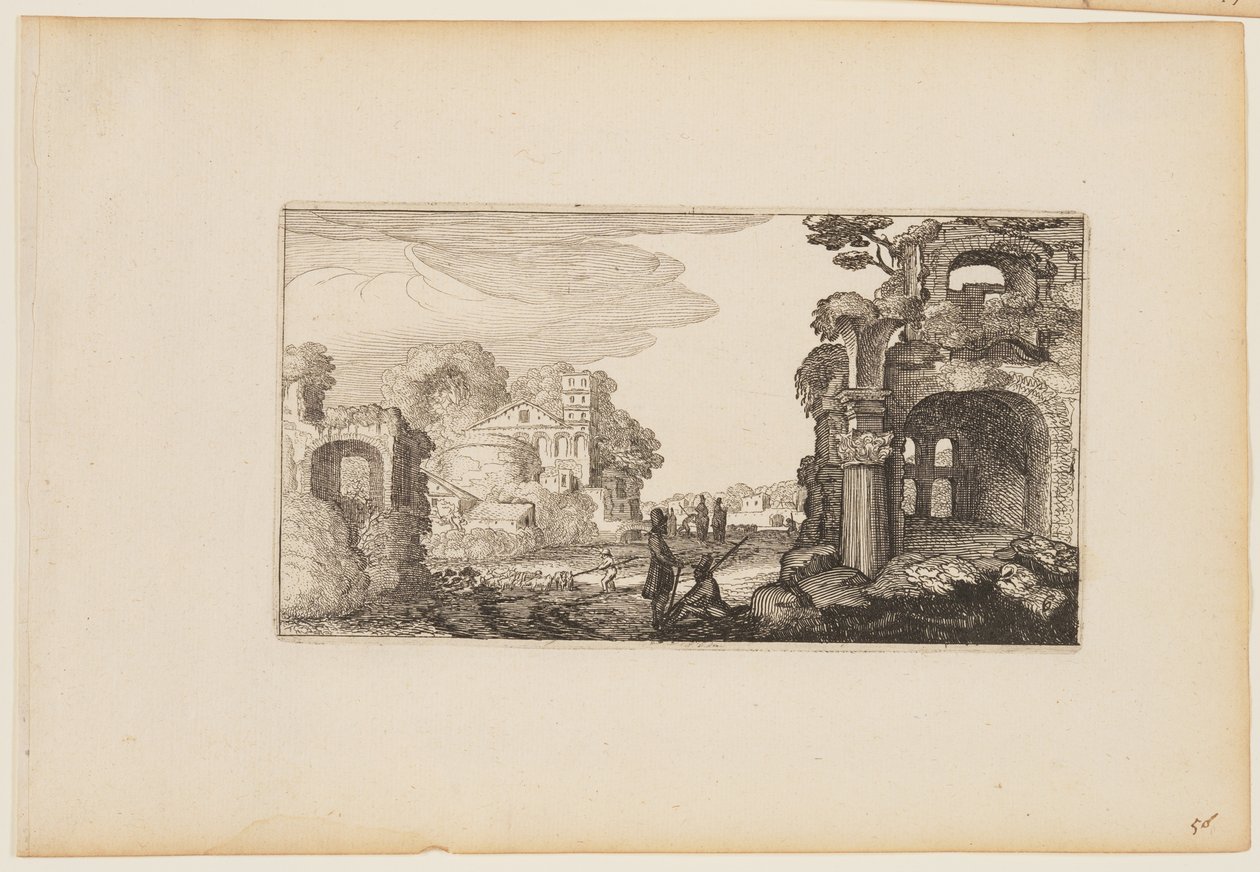 Caminho entre ruínas romanas, de Doze paisagens com figuras de Gillis van Scheyndel