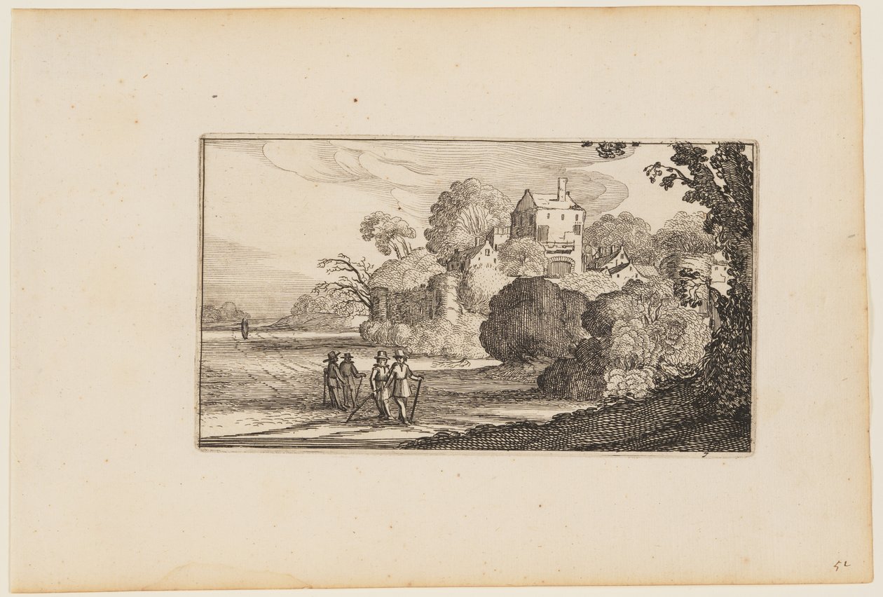Caminho à esquerda do complexo de edifícios murados entre árvores, de Doze paisagens com figuras de Gillis van Scheyndel