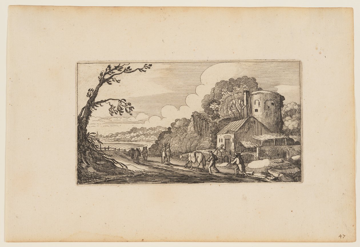 Caminho à esquerda de uma quinta dominada por uma torre redonda, de Doze paisagens com figuras de Gillis van Scheyndel