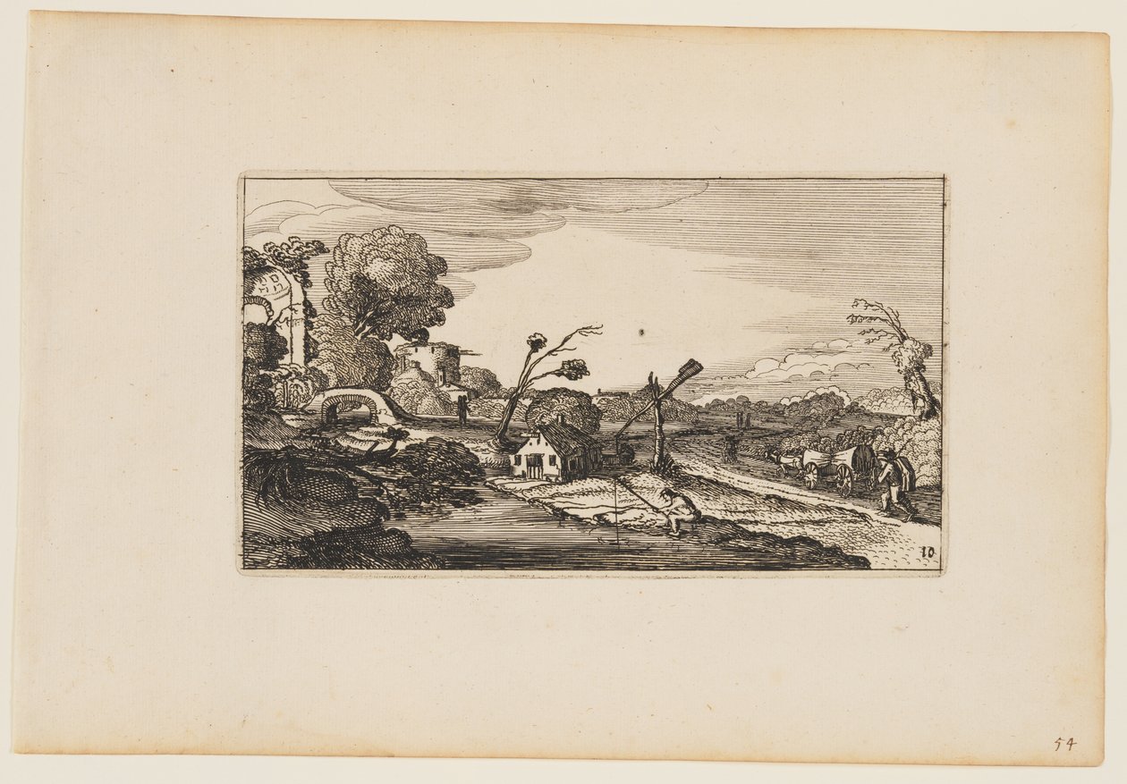 Caminho à direita da água; ruínas romanas à esquerda, a partir de Doze paisagens com figuras de Gillis van Scheyndel
