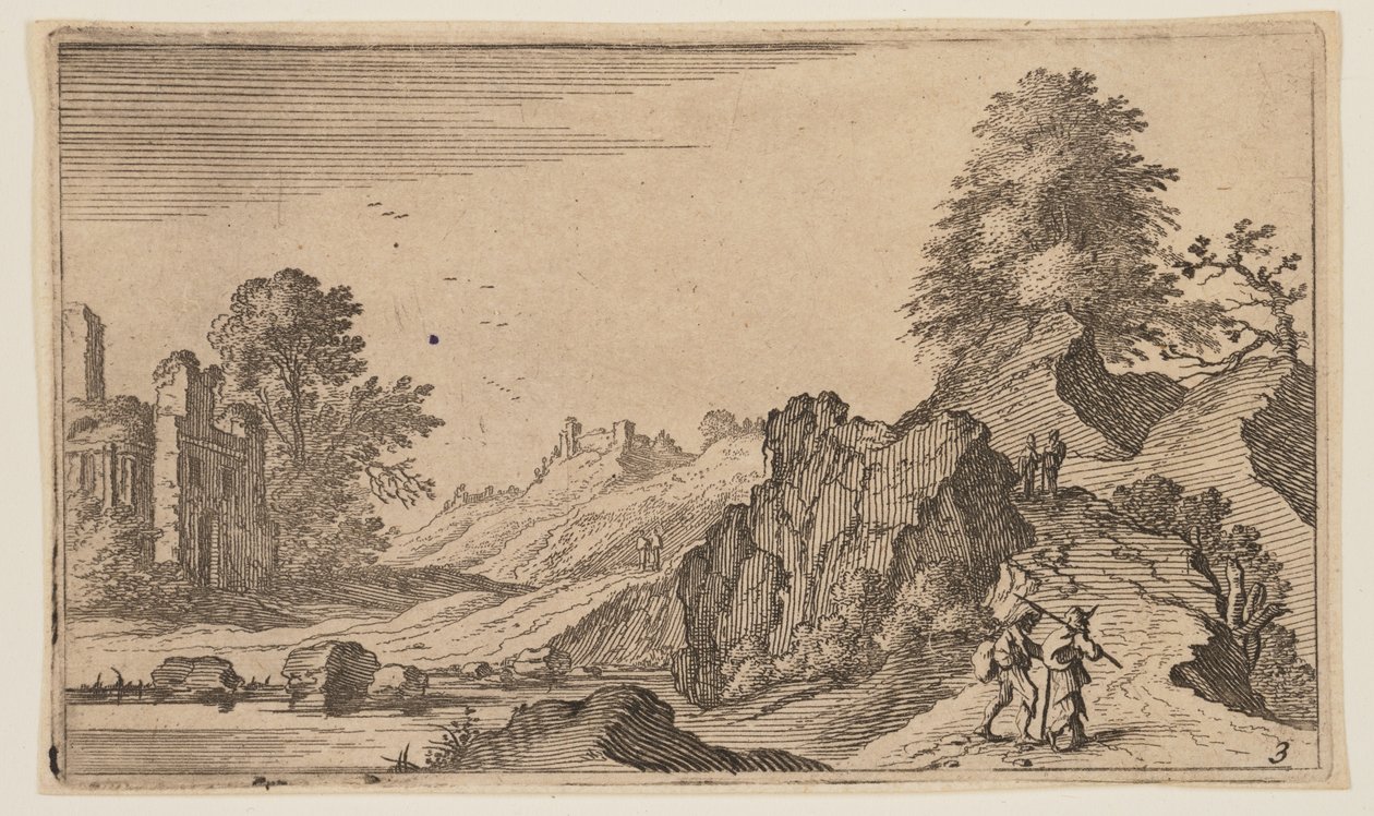 Peões num caminho junto a rochas, ruínas para lá da água à esquerda, de Doze paisagens de Gillis van Scheyndel