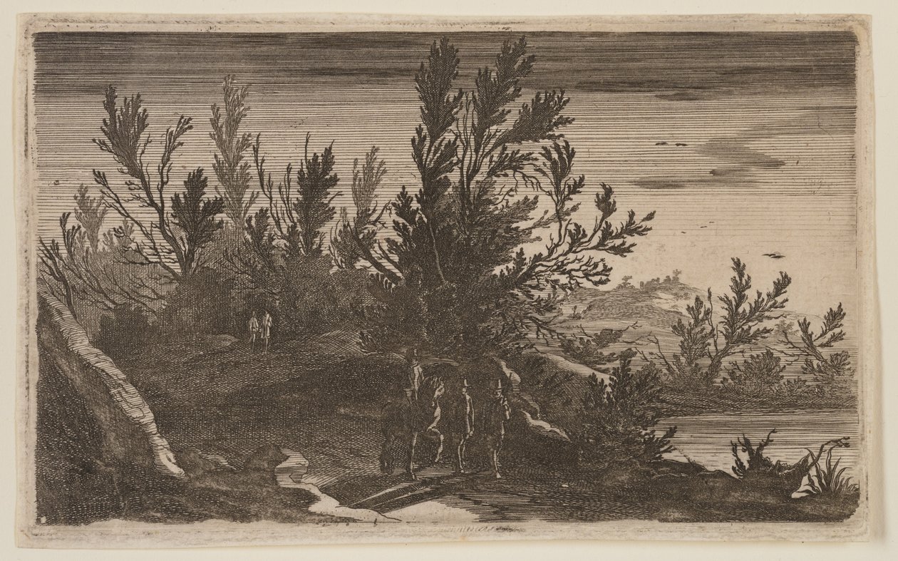 Cavaleiros num caminho arborizado à esquerda da lagoa, de Six Landscapes de Gillis van Scheyndel