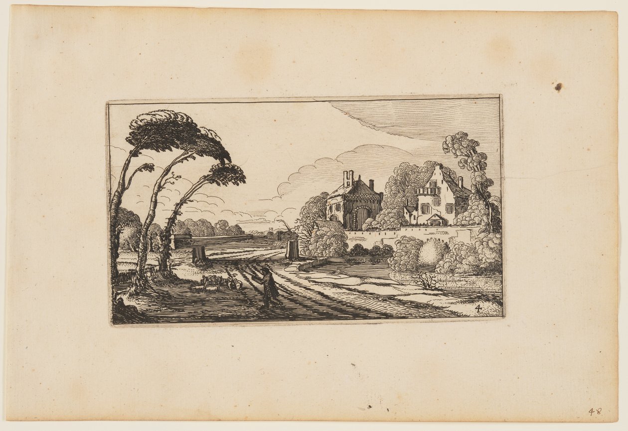 Estrada à esquerda de uma casa de campo murada e com fosso, de Doze paisagens com figuras de Gillis van Scheyndel