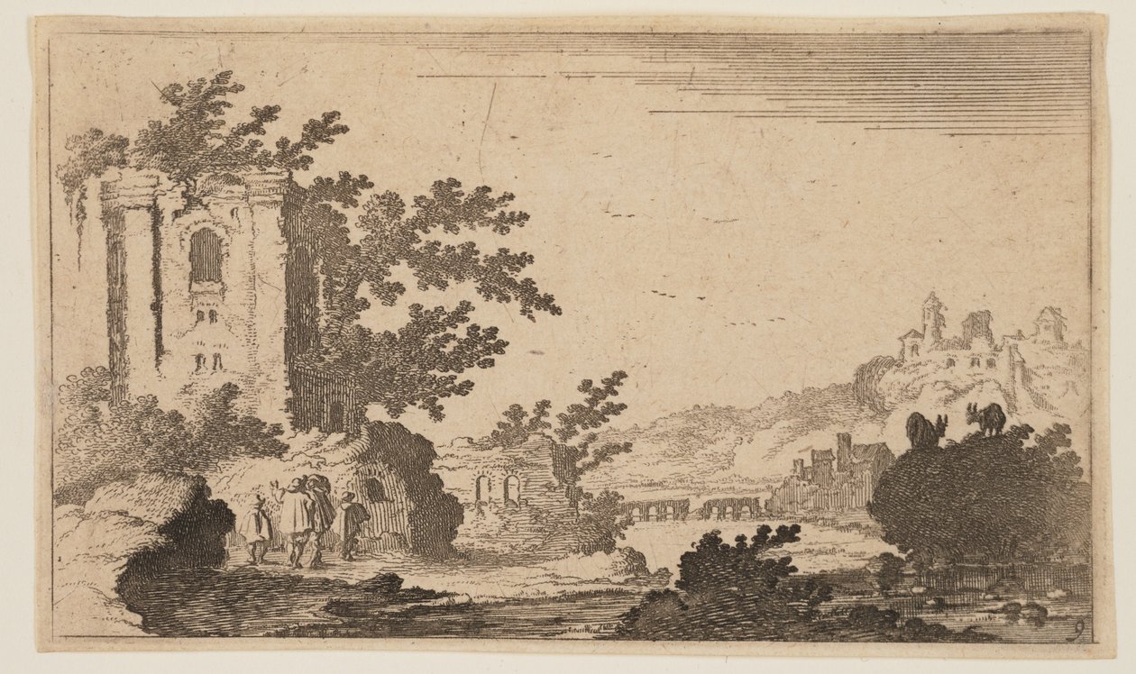 Ruínas à esquerda de um rio numa região montanhosa, de Twelve Landscapes de Gillis van Scheyndel