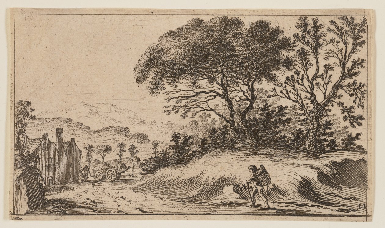 Viajante num caminho diante de três árvores numa colina à direita, de Doze paisagens de Gillis van Scheyndel