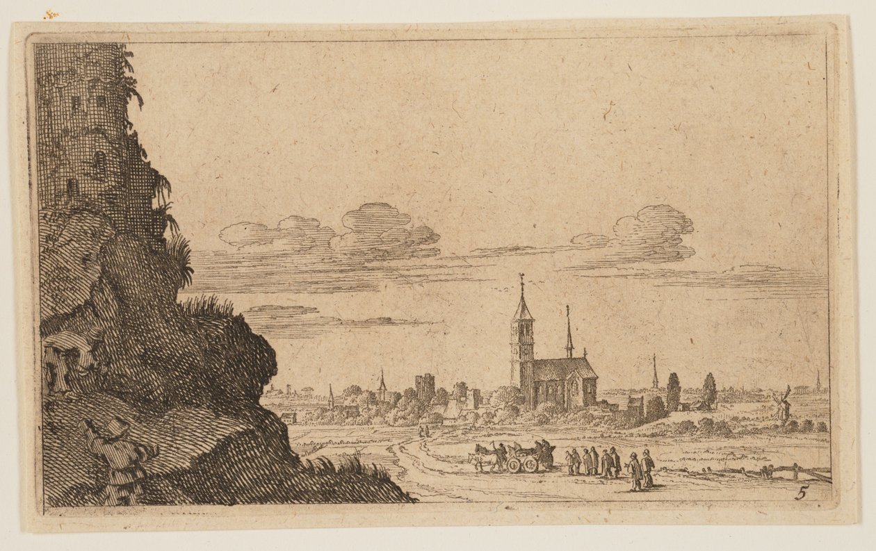 Dois homens a escalar rochas até às ruínas, de Twelve Landscapes de Gillis van Scheyndel