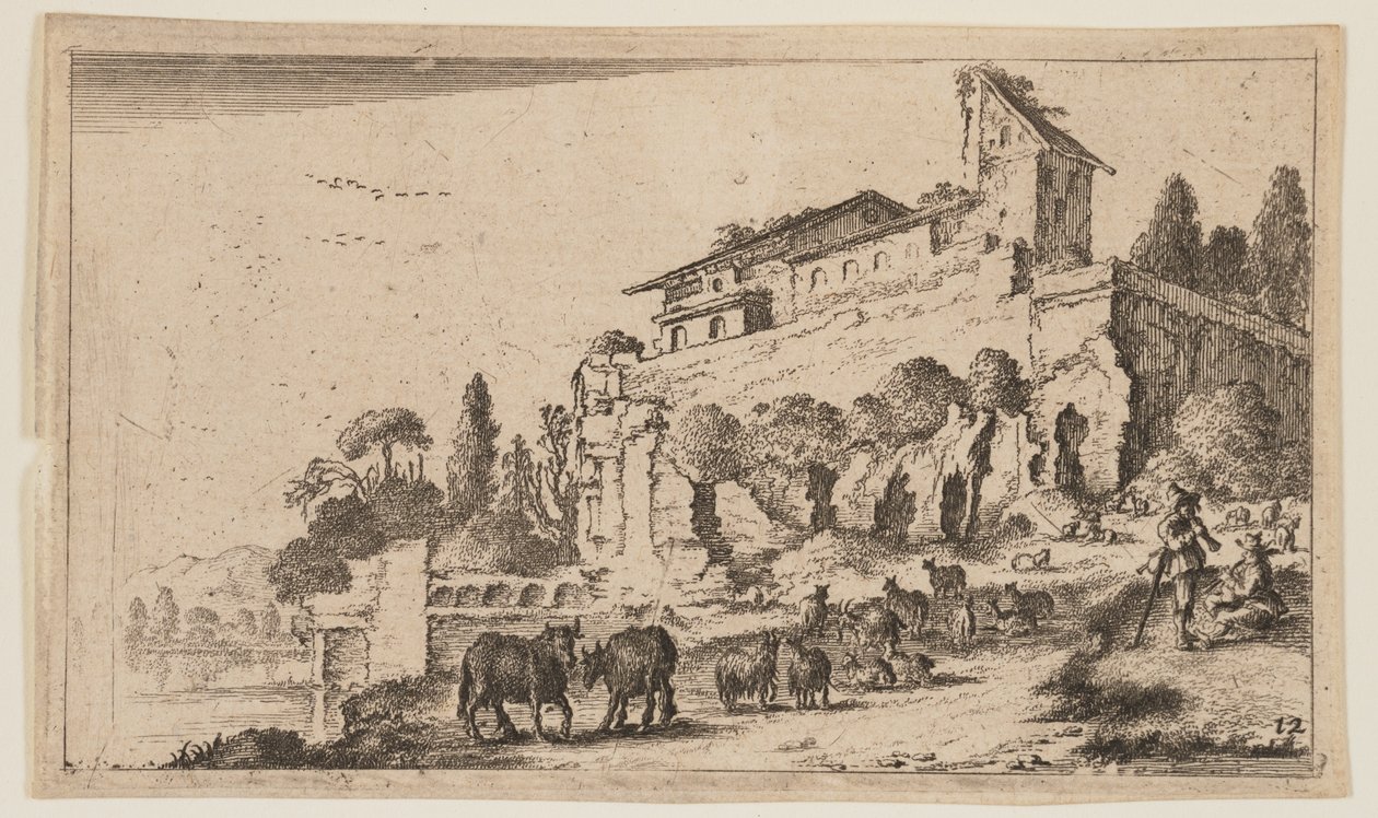 Villa incorporando ruínas numa elevação à direita do rio, de Twelve Landscapes de Gillis van Scheyndel