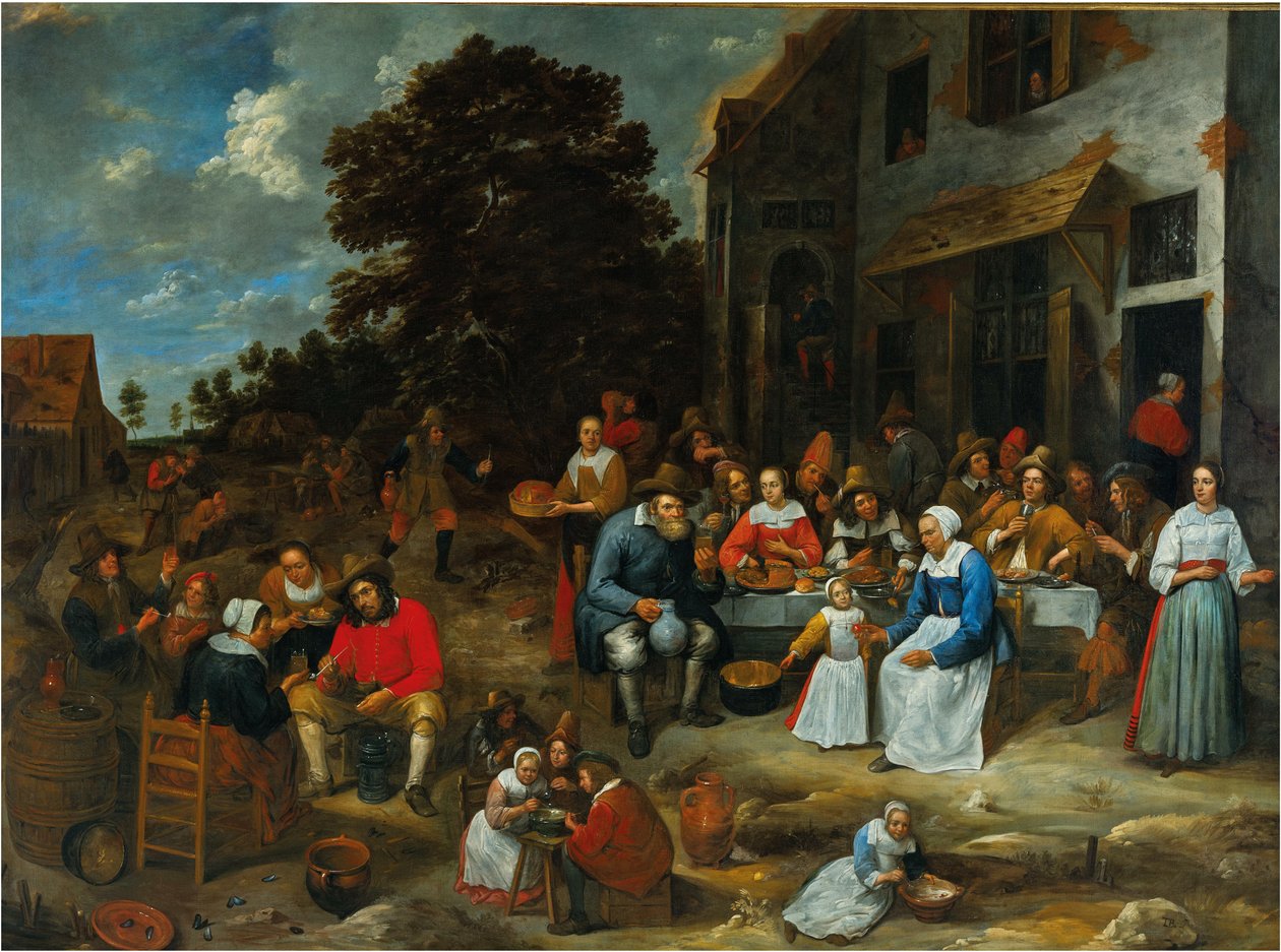 Uma empresa a banquetear-se à porta de uma taberna de Gillis van Tilborgh