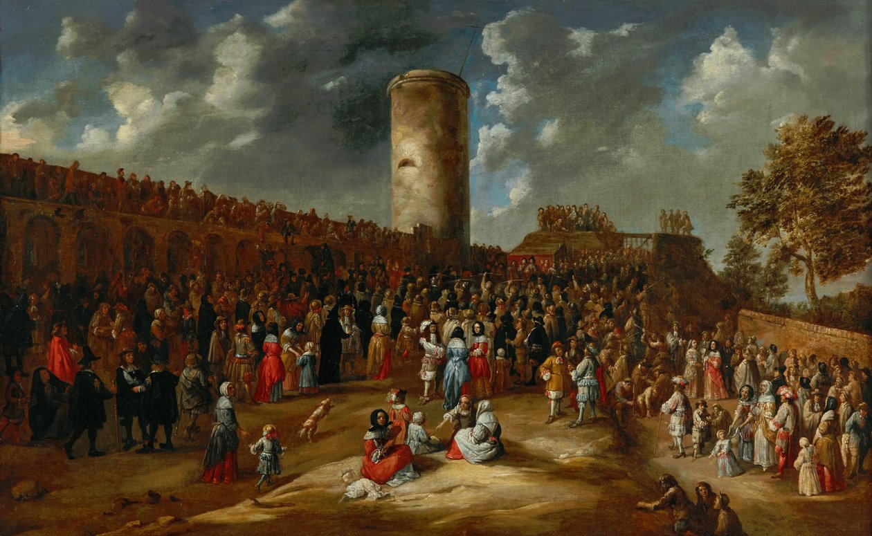 Uma competição de tiro com arco fora das muralhas de uma cidade de Gillis van Tilborgh