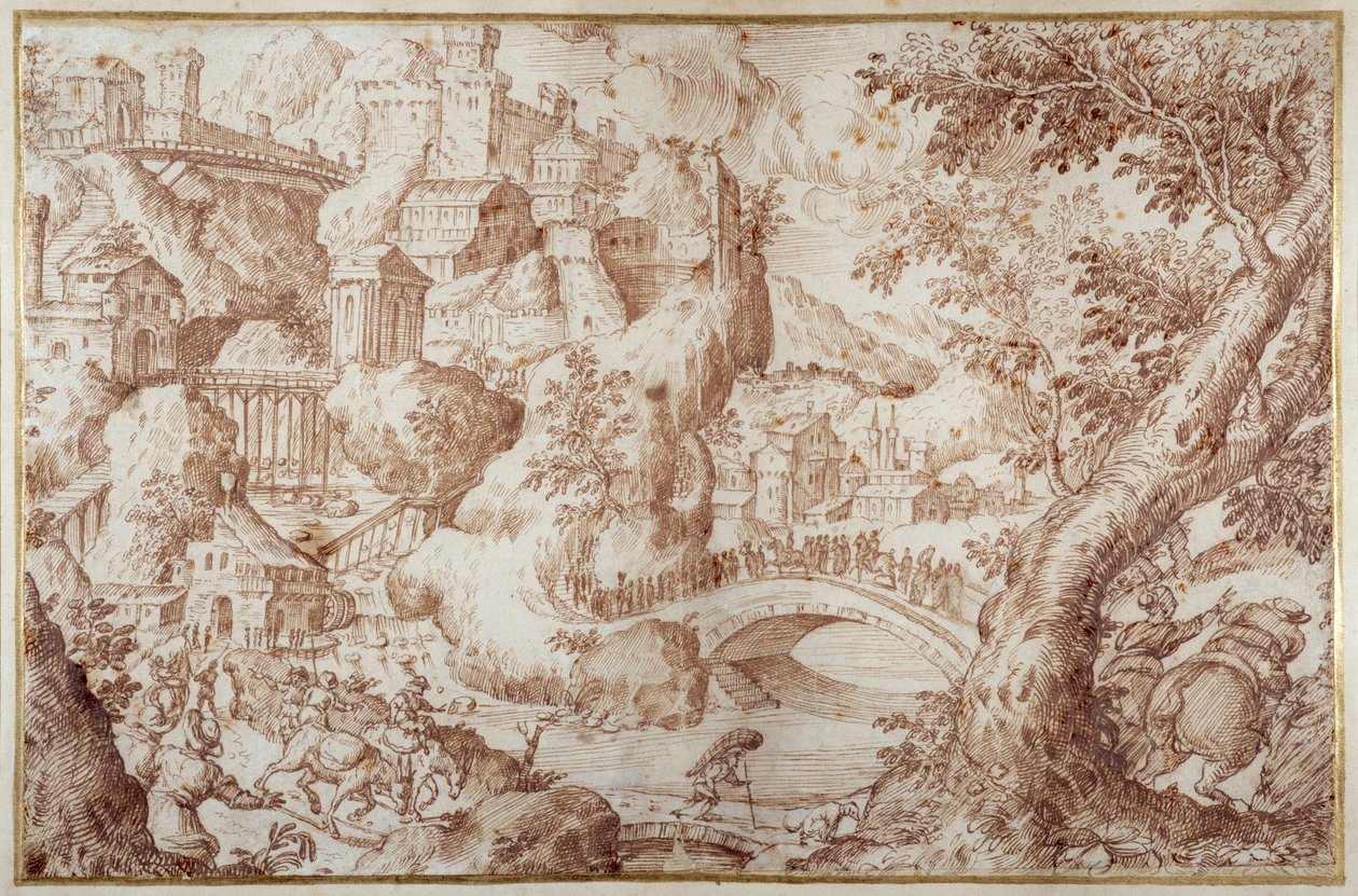 Fantástica paisagem montanhosa com pontes que atravessam barrancos, uma cidade e viajantes (caneta e tinta castanha com lavagem castanha) de Gillis van Valckenborch