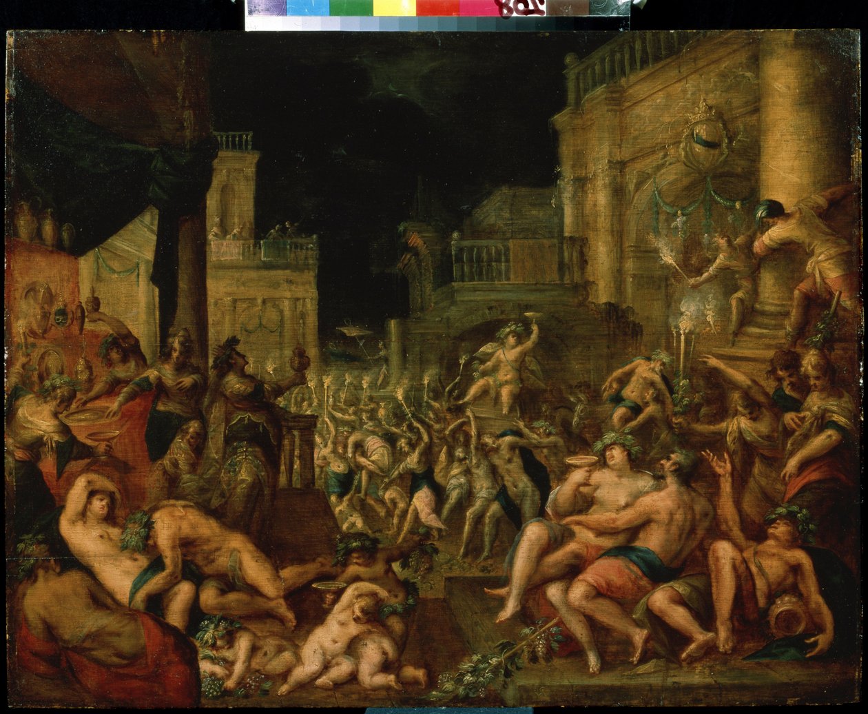 Festa de Midas em honra de Baco e Silenus. Pintura de Gillis van Valckenborch (1570-1622). Óleo sobre madeira, tamanho: 61,6 x 78,7cm. Pushkin Museum of Fine Arts, Moscovo. de Gillis van Valckenborch