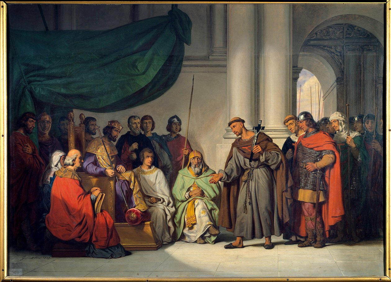 Primeira Cruzada: "O Imperador Oriental Alexis Comnene (1048-1118) recebe Pedro, o Eremita, que veio exortá-lo para a Cruzada em Constantinopla em Agosto de 1096" Pintura de Gillot Saint Evre (1791-1858) 1839 Sol. 0,98 x 1,36 m Versailles. Museu do Château de Gillot Saint Evre