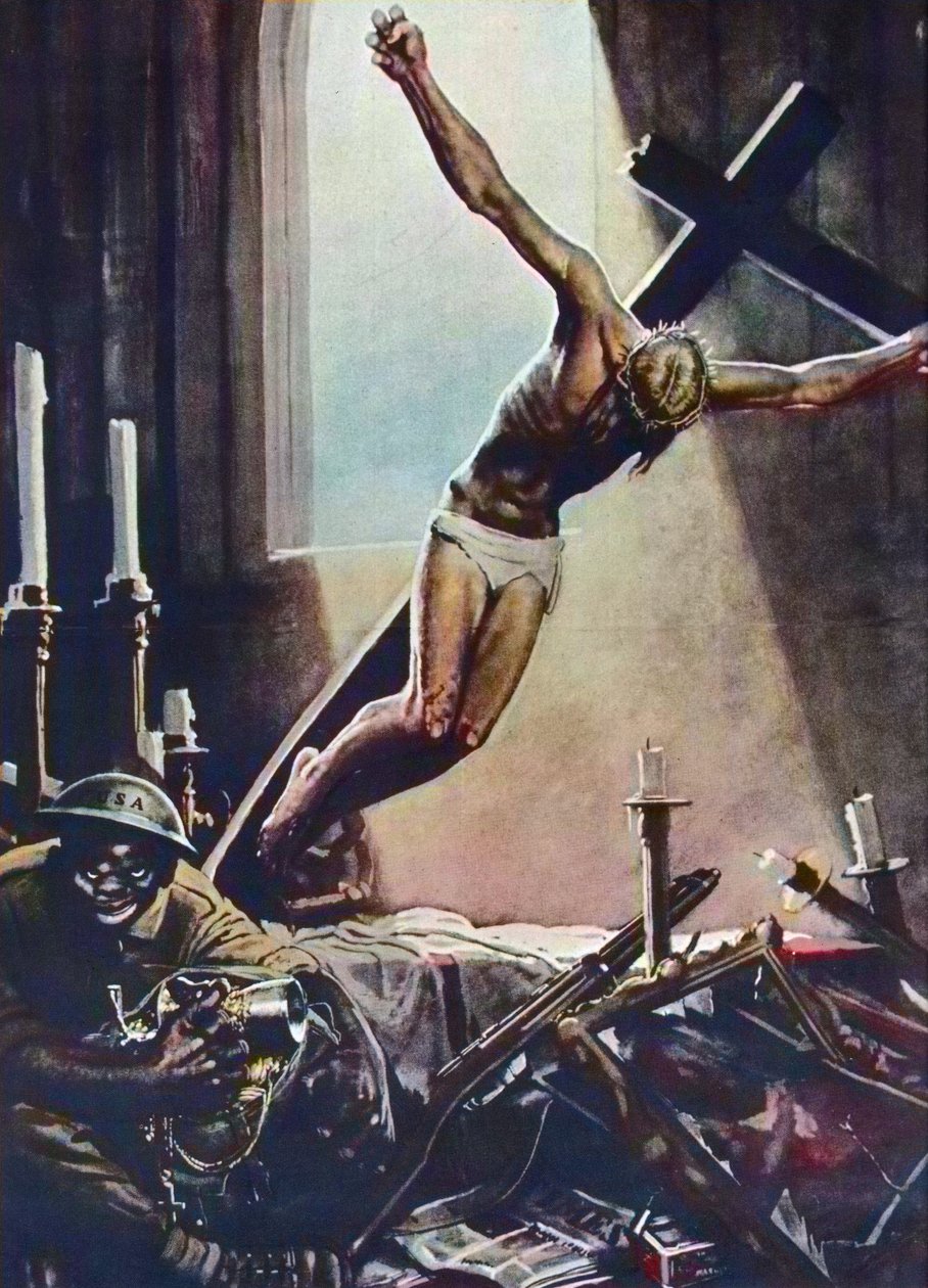 Cartaz anti-americano da II Guerra Mundial - Igreja Negra Americana de Pílulas - Cartaz de Gino Boccasile (1901-1952) - Propaganda Italiana Anti EUA 1943 - Cartaz de Gino Boccasile (1901-1952) de Gino Boccasile